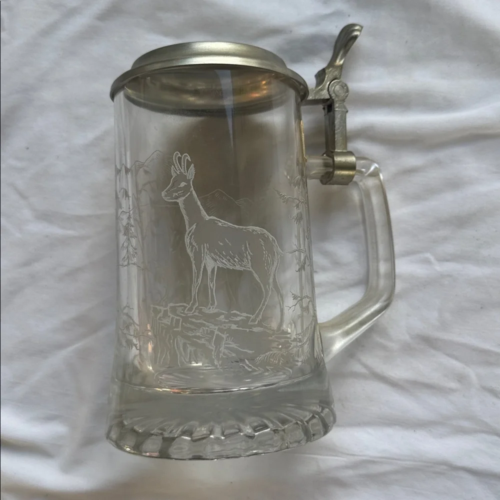 Vintage West Germany Glass Beer Stein with Etched Rustic Deer Scene by ALWE